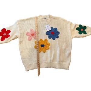 Polagram Sweater Women's Large Beige Floral Knitted Ribbed Long Sleeve Pullover